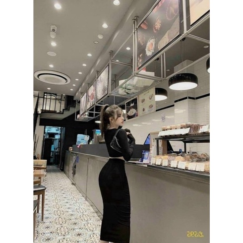 Set áo croptop dài tay + chân váy ôm body dáng dài siêu gợi cảm