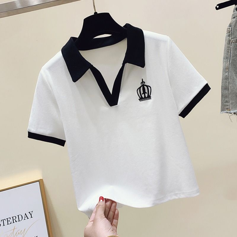 Áo thun polo dáng ngắn cổ V tay ngắn phong cách hè cho nữ