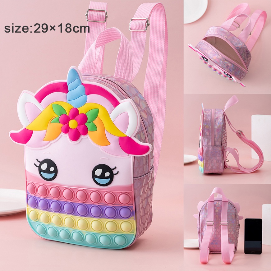 Pop it Fidget Balo đi học/ Túi đeo vai kiểu bóng nhấn hình kỳ lân dành cho bé trai gái Push Bubble Đồ chơi