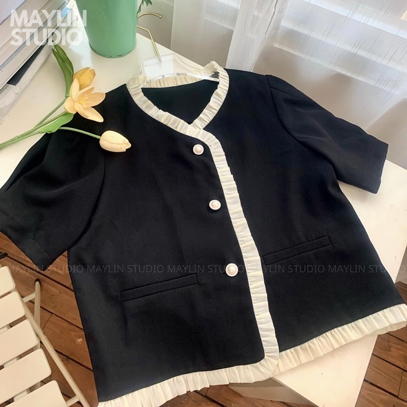 Áo sơ mi đen viền bèo Maylin