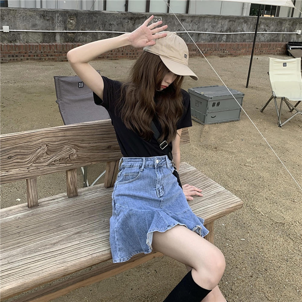 Chân Váy Denim Lưng Cao Dáng Chữ A Phong Cách Retro 50301