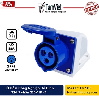 Ổ cắm công nghiệp gắn tủ 1 pha 32A 3 chấu (cố định) TÂM VIỆT, ổ điện màu xanh điện áp 220V IP44