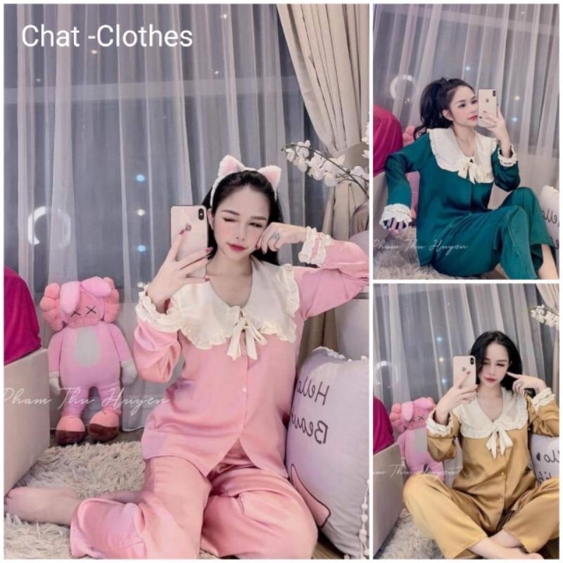 Bộ ngủ lụa cổ phối bèo nơ tiểu thư tay dài quần dài đủ màu - Bộ ngủ lụa bèo nữ - Bộ lụa mặc nhà cao cấp