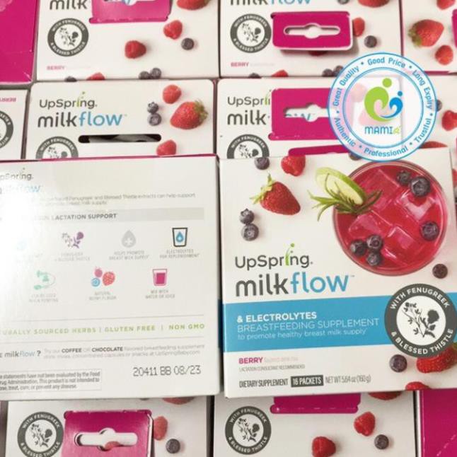 Ngũ cốc lợi sữa (16 gói) Upspring dâu/socola có Electrolytes điện giải cho mẹ bú Milkflow Fenugreek, Blessed Thistle, Mỹ