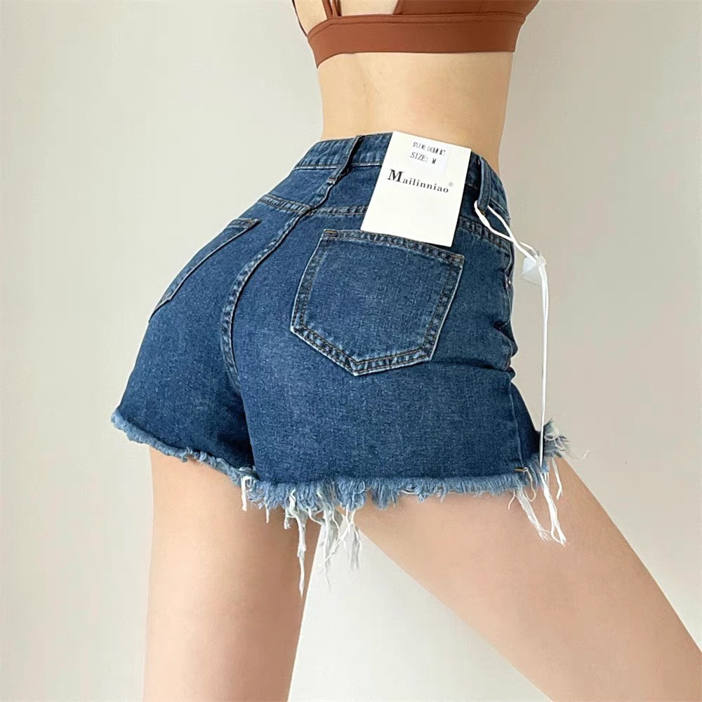 Quần short jean nữ BigSize lưng cao trên rốn, co dãn mạnh, tua lai, màu xanh đậm trơn kiểu dành cho người mập 4225 MLJ
