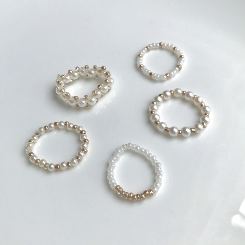 Handmade - Nhẫn hạt cườm gold mix ngọc trai nhân tạo
