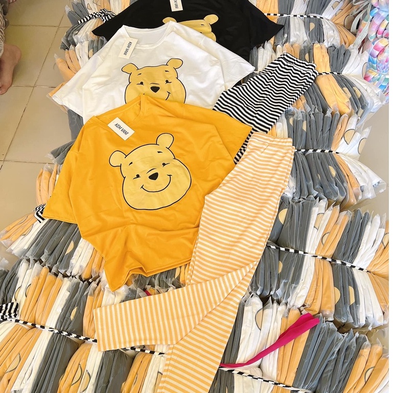 Đồ bộ nữ, set đồ bộ quần legging thun gân borip và áo thun cotton ngắn tay form rộng in gấu, đồ bộ mặc ở nhà
