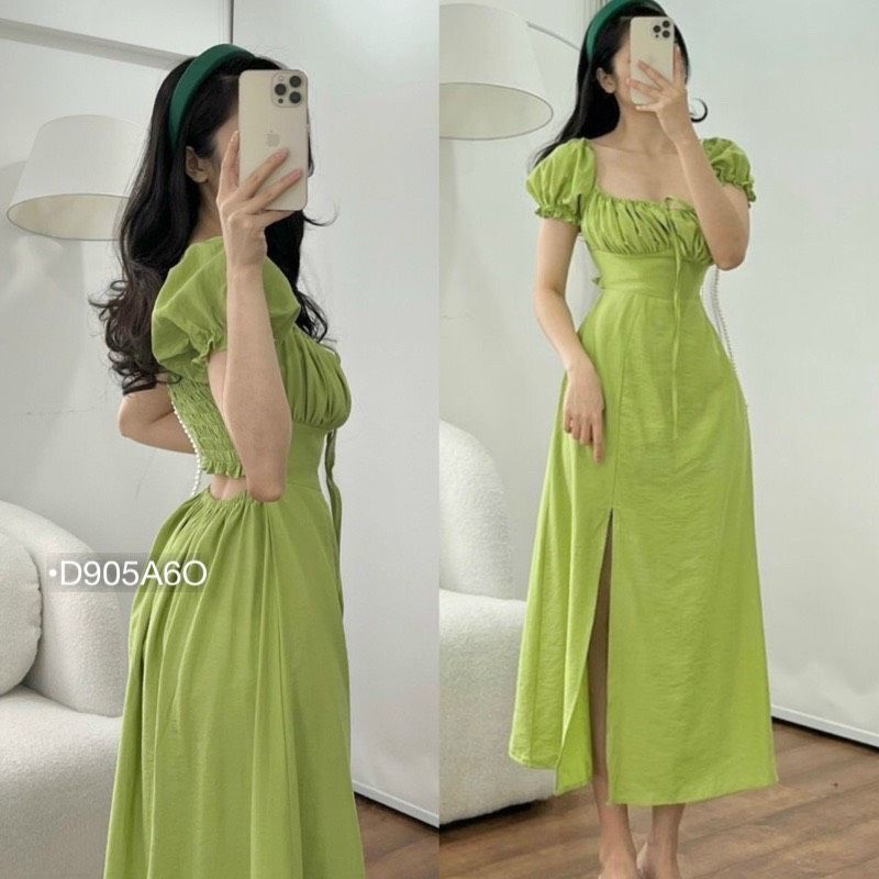 Đầm Maxi Nữ Xanh chuối ,Váy Suông Tay Phồng Tiểu Thư Dáng Xẻ Tà Ly Ngực ,Lụa Thô Mịn