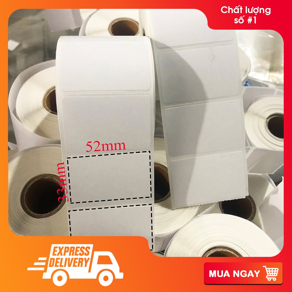 Giấy decal nhiệt in tem Foody 52x33mm cuộn 30m