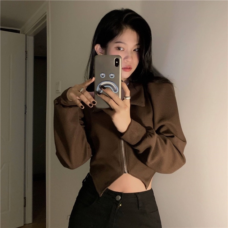 Áo khoác croptop dài tay khoá kéo tay bồng thời trang