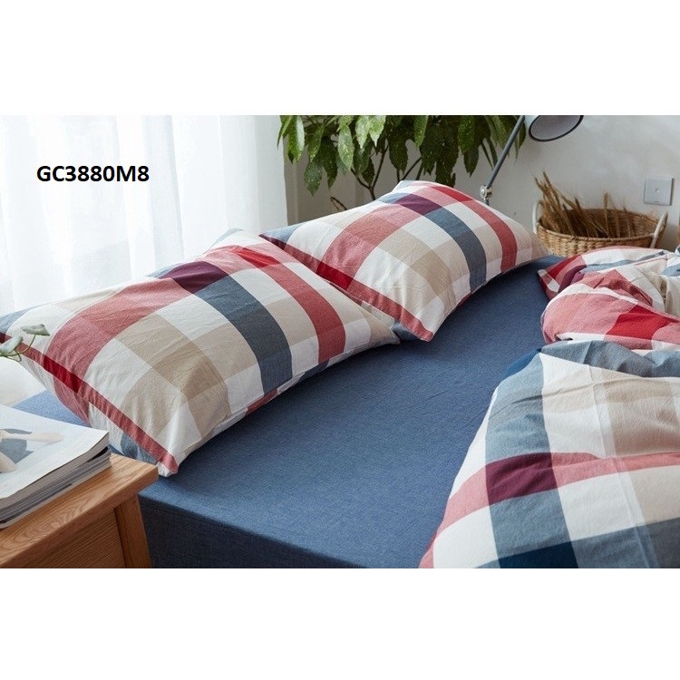 GC3880-Bộ chăn ga gối in kẻ caro chất cotton cao cấp phong cách Nhật