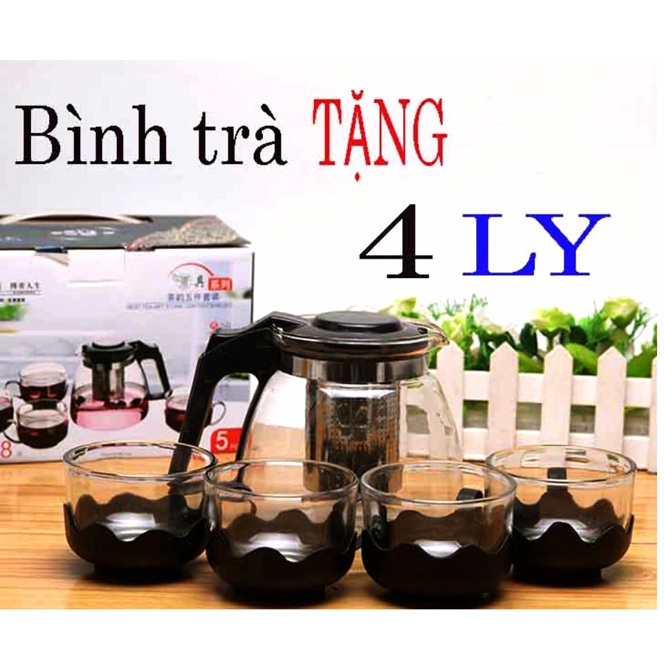 Bộ bình Lọc trà Thủy tinh + kèm 4 Ly tiện dụng Dung tích 700ml