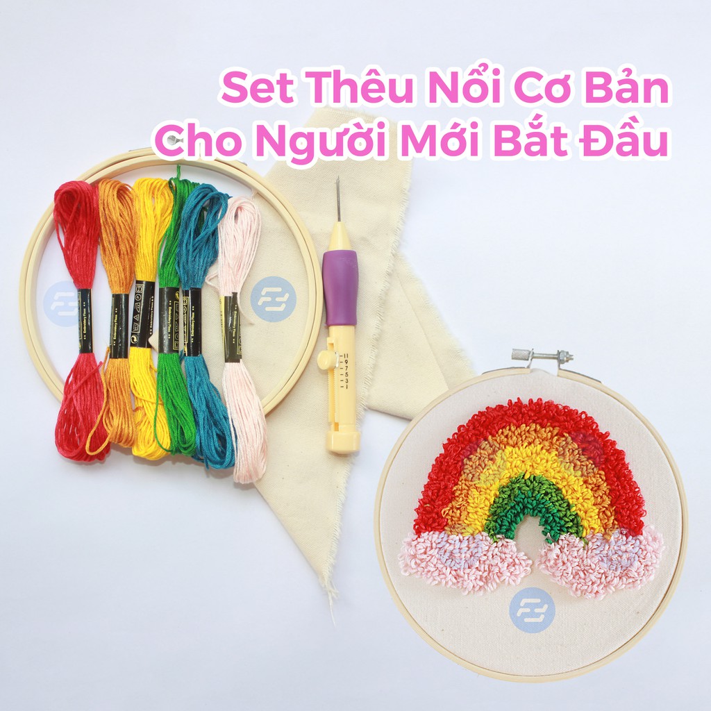 Kim Thêu Nổi Thêu Xù Punch Needle Set Cầu Vồng Dùng Len Đan Móc và Chỉ Thêu Đầy Đủ Dụng Cụ Cho Người Mới Bắt Đầu