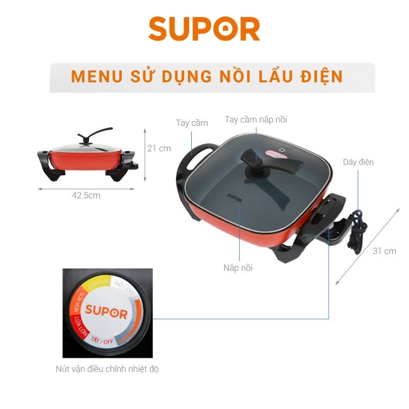 Lẩu điện cao cấp phủ men chống dính đa năng Supor vung kính bảo hành 12 tháng chính hãng H30FK802VN-136 5 lít