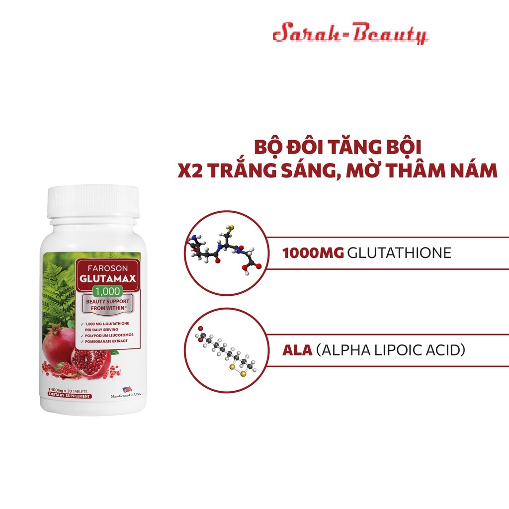 [CHÍNH HÃNG] Viên uống glutathione trắng da mờ nám chống nắng Glutamax 1000 hộp 30 viên