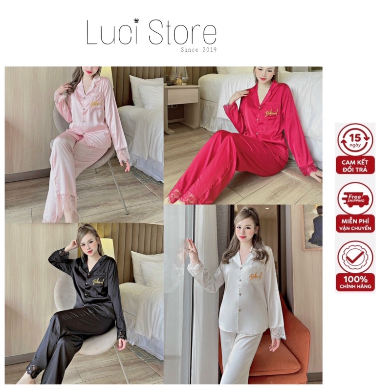 [Hàng mới ❤️‍Dưới 62kg] Bộ pijama mặc nhà LỤA LATIN tay dài phối ren túi thêu chuẩn thiết kế QCCC