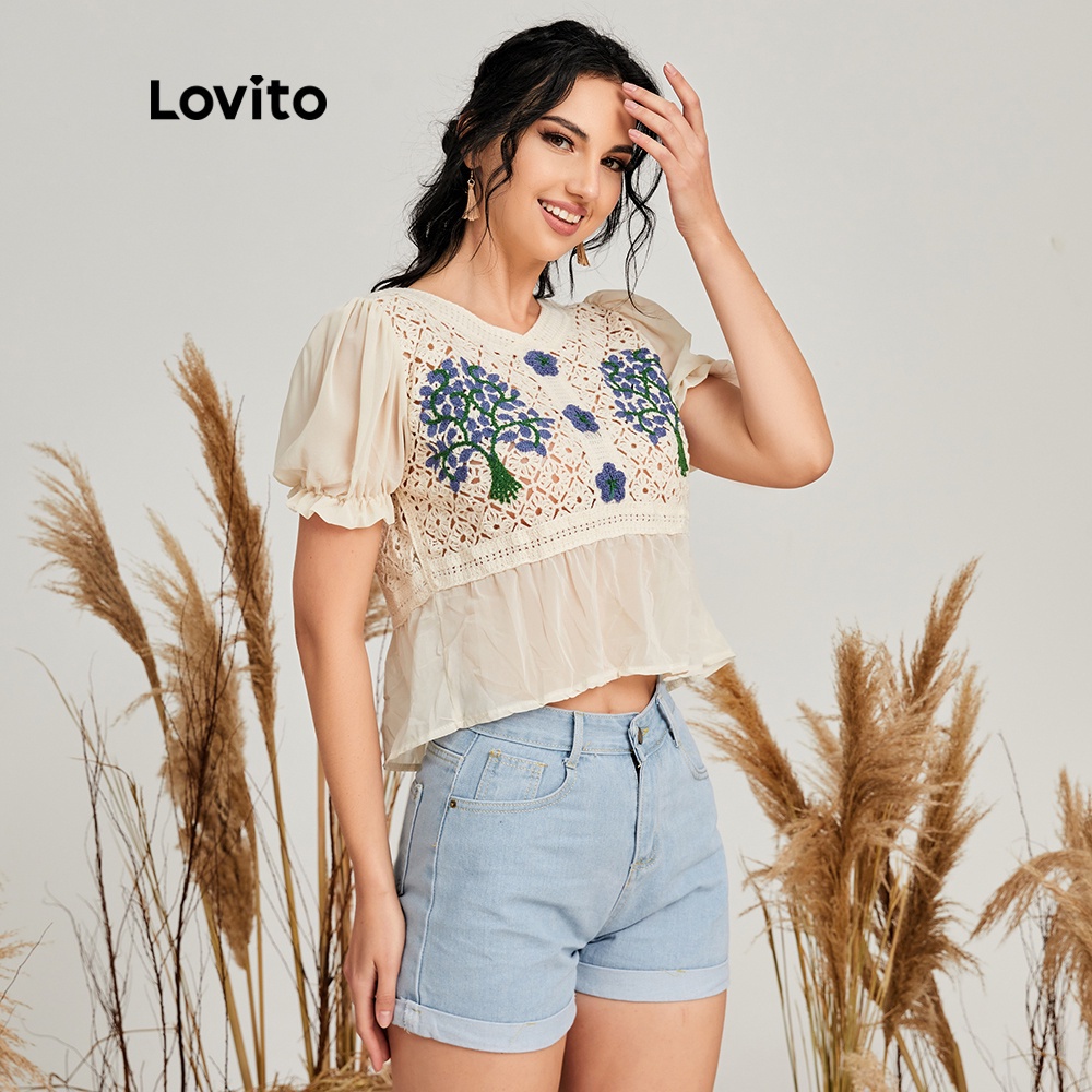 Áo Lovito phối ren màu tương phản khoét rỗng in hoa dễ thương L14X059 (màu trắng) | BigBuy360 - bigbuy360.vn