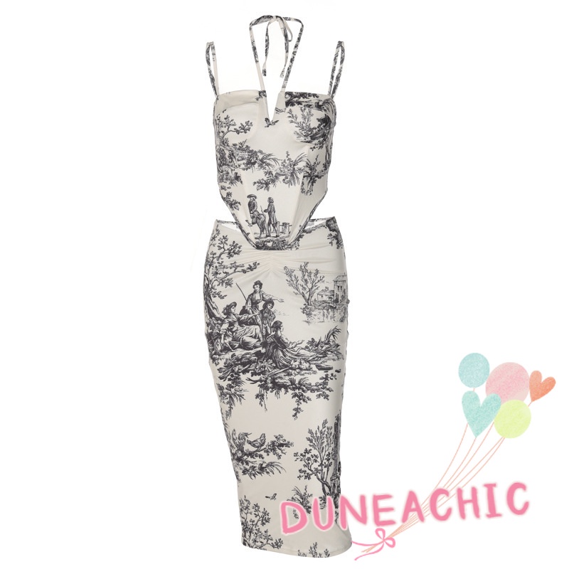 DUNEA Set Áo Tank Top Hở Lưng + Chân Váy Ôm In Họa Tiết Thời Trang Cho Nữ