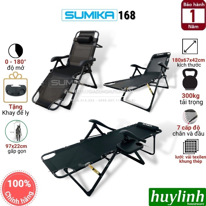 Giường - ghế xếp gấp thư giãn Sumika 168 - Tặng khay để ly - Tải trọng 300kg