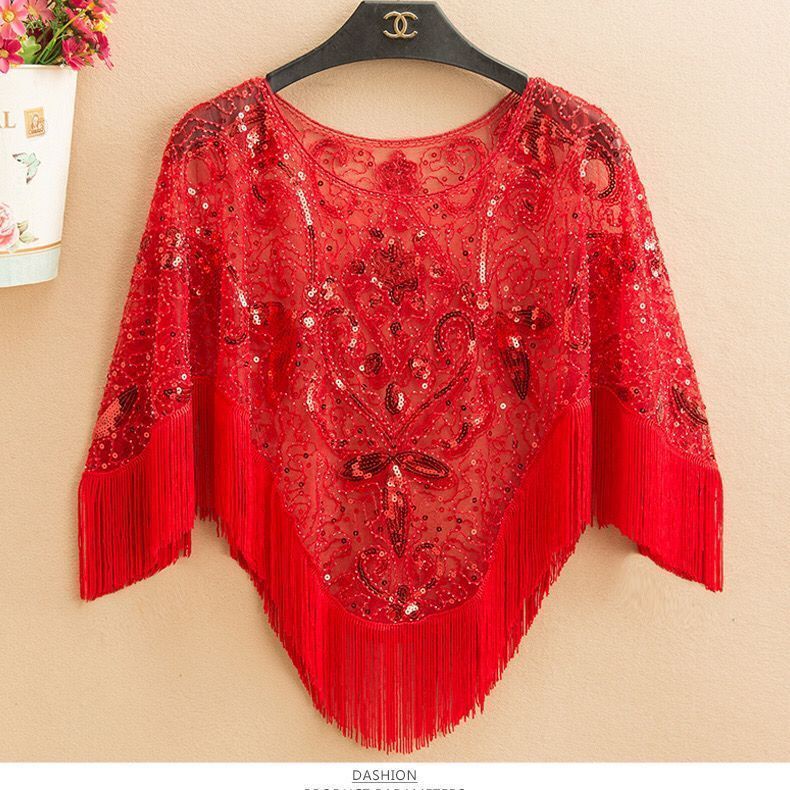 Áo kiểu khăn choàng cỡ lớn bằng ren thêu họa tiết đính sequin tay cánh dơi khoét rỗng chống nắng dành cho nữ