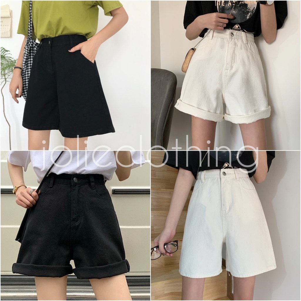 Quần short kaki denim lửng ulzzang ống rộng cạp cao trắng đen kem Dáng Hàn Quốc (có bigsize)