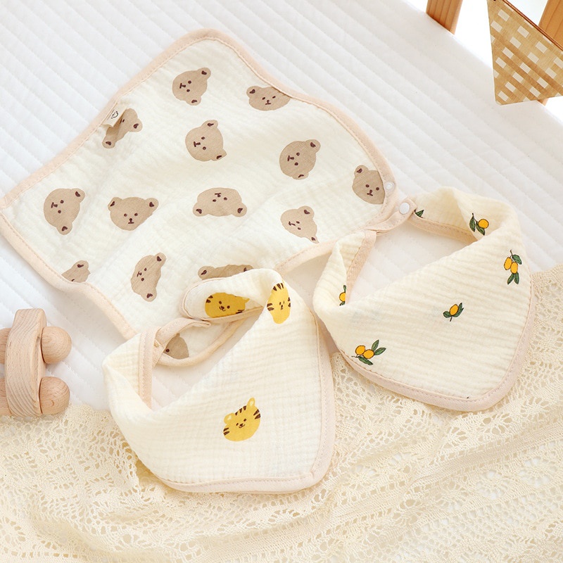 Yếm Ăn Cotton Hai Lớp In Họa Tiết Gấu / Hổ Hoạt Hình Dễ Thương Cho Bé Trai Và Gái