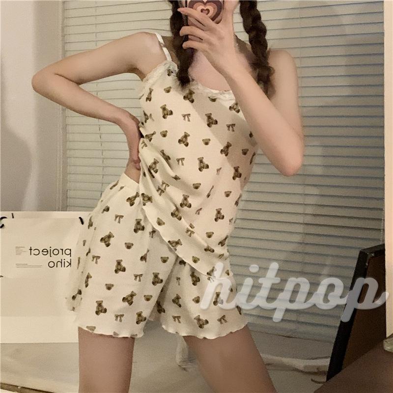Bộ Đồ Mặc Nhà Hai Mảnh In Hình Gấu Hoạt Hình Kèm Quần Ngắn Co Giãn Cho Nữ