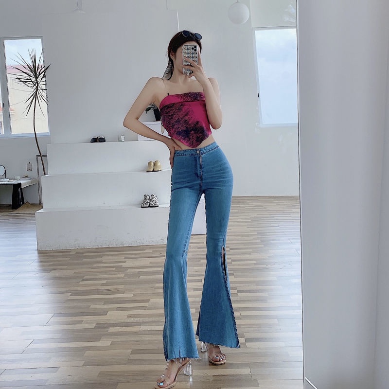 Jiashucheng Hyuna Quần Jean Dài Ống Loe Xẻ Tà Cạp Cao Ôm Dáng Phong Cách Mùa Xuân Mới Cho Nữ