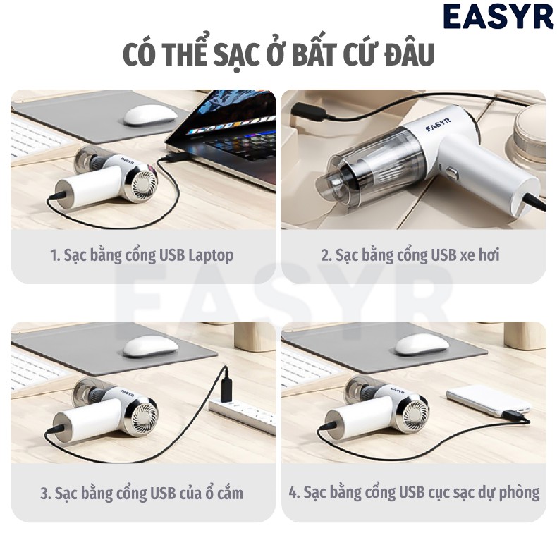 [BH 1:1] MÁY HÚT BỤI CẦM TAY KHÔNG DÂY SIÊU MINI EASYR [FREESHIP] HÚT CỰC MẠNH 6000PA - 120W, SẠC USB, NHỎ BẰNG IPHONE