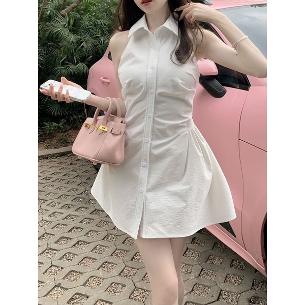 (SẴN) Váy sơ mi cổ yếm thô dày