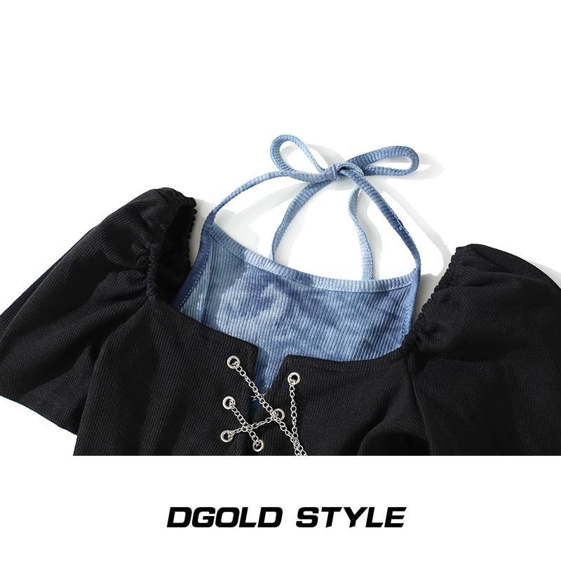 Áo Thun Croptop Tay Ngắn Dáng Ôm Phối Dây Xích Thiết Kế Độc Đáo Thời Trang Mùa Hè Cá Tính Cho Nữ