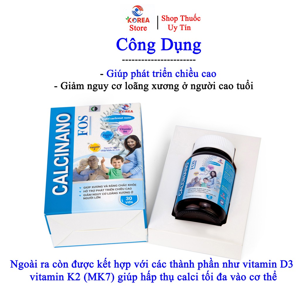 Bổ sung canxi  CALCINANO FOS giúp phát triển chiều cao và giảm nguy cơ còi xương lọ 30 viên