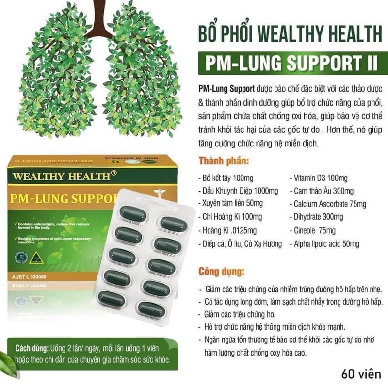 Viên uống bổ Phổi Wealthy Health PM Lung Support 60 viên của Úc
