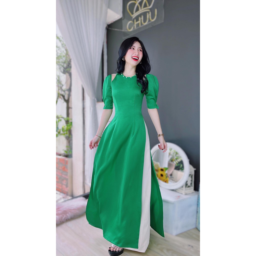 Áo dài cách tân nữ pha lưới tay bồng cổ đính ngọc sang trọng CHUU AD8033 không kèm quần