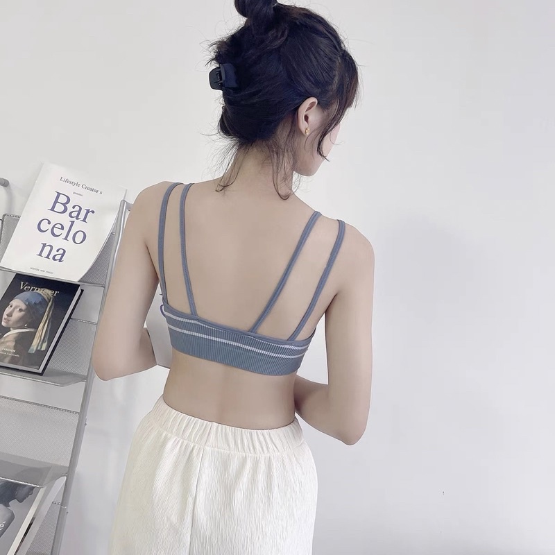 Áo Bra Kẻ Nữ Dây Kép Dáng Lửng Có Đệm Ngực Trend Mới 598