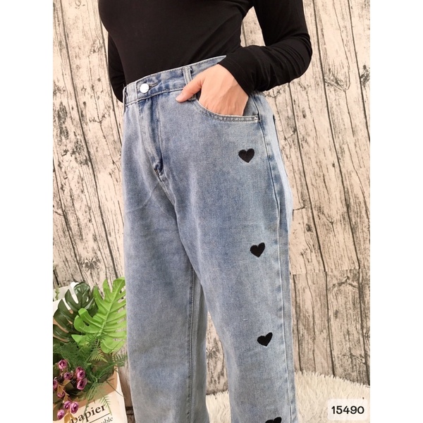 SALE Quần culottes jean BIGSIZE form suông dài thêu hoạ tiết tim 15490