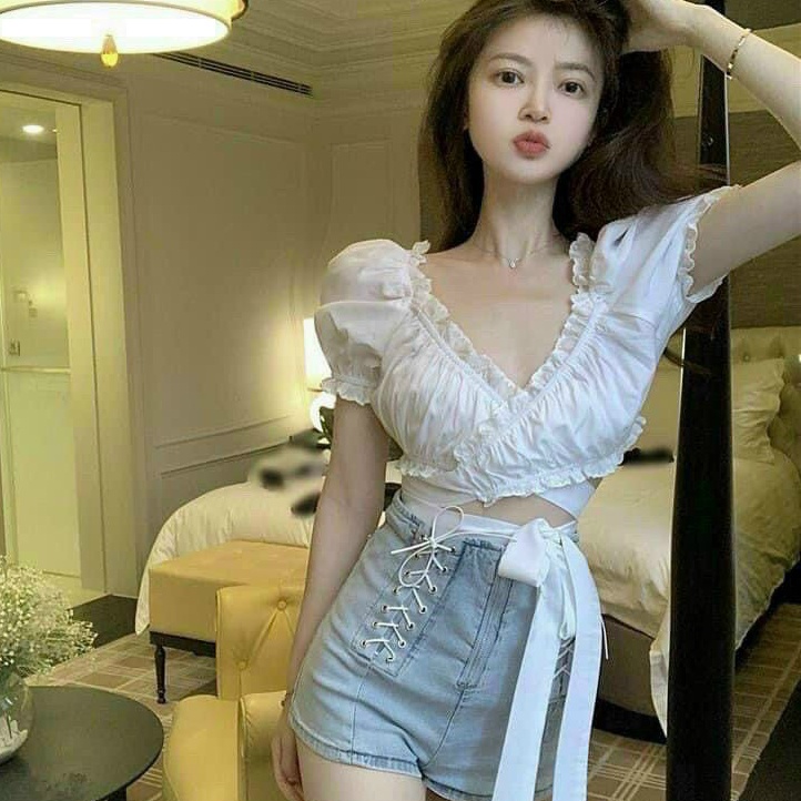 Áo kiểu croptop  dây dài viền bèo tay ngắn siêu hot