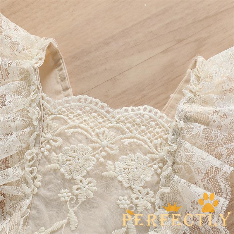 PEF-Baby Girls Summer Romper, Plain Floral Lace Embroidery Skirt Layered Adjustable Straps Snap Triangle-Bottom