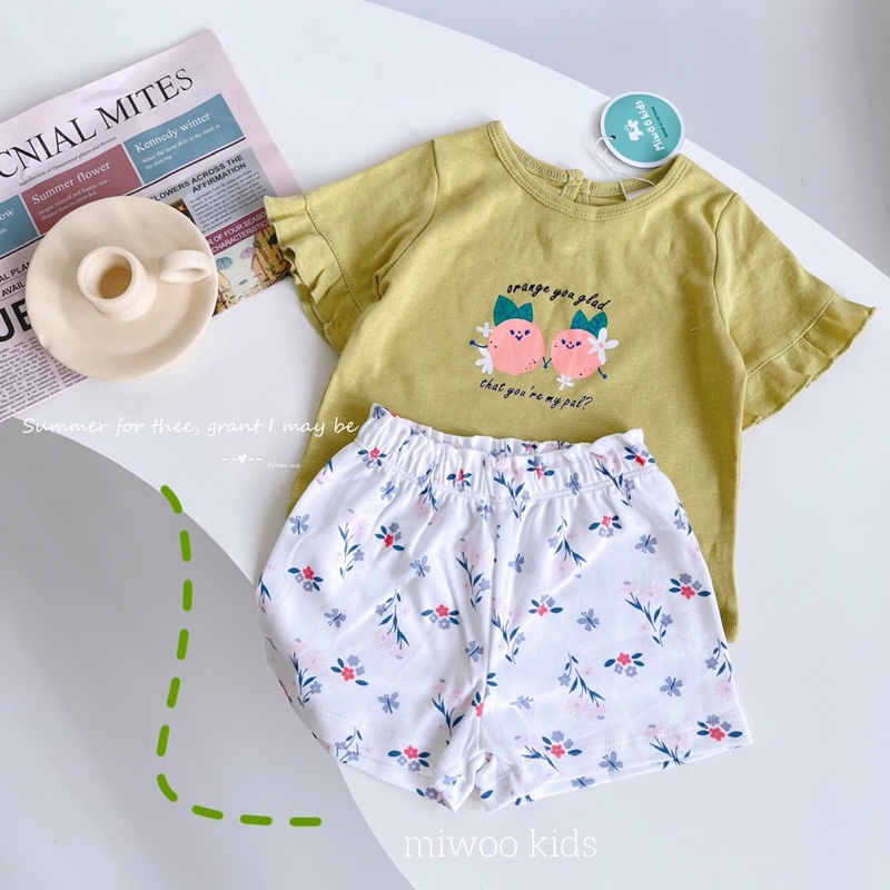 Bộ quần áo bé gái tay phối bèo siêu xinh kèm quần vải hoa in hoa tiết bozip hoa nhí ngọt ngào