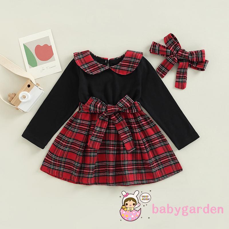 Đầm Tay Dài Cổ Peter-Pan Phối Họa Tiết Kẻ Sọc Và Băng Đô Cài Tóc Xinh Xắn Cho Bé Gái 6 Tháng Đến 5 Tuổi 6 Tháng Tuổi