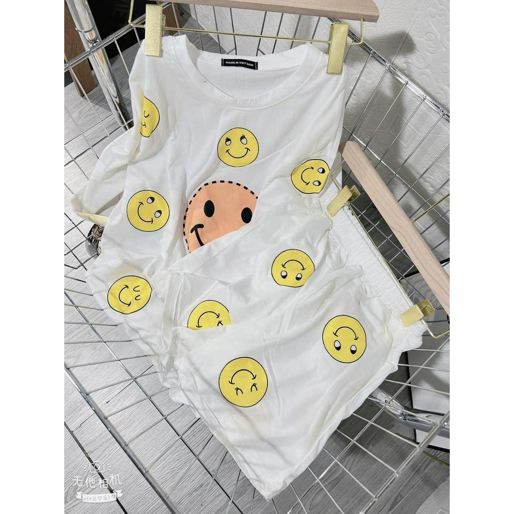 Set đồ bộ thể thao nam nữ unisex in hình mặt cười form rộng, áo thun tay lỡ kèm quần short lưng cao chất cotton mát mịn