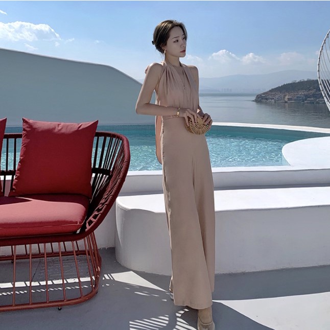 Sẵn - 𝑵𝒂𝒈𝒐𝒓𝒆 | Jumpsuit Nữ Thiết Kế Lưng Cao Ống Rộng Màu Kaki Sang Chảnh Qúy Phái, Áo Liền Quần Hở Lưng Adelia.Shop | BigBuy360 - bigbuy360.vn