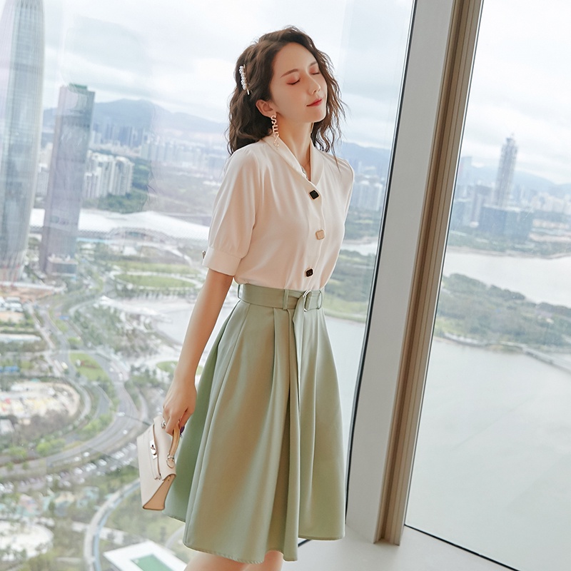 Bộ Áo Voan Tay Ngắn + Chân Váy Lửng Dáng Ôm Thời Trang Sang Trọng Phong Cách Phương Tây H4477 2022 Amoi Đầm Xòe Thiết Kế Xinh Xắn Nữ Tính