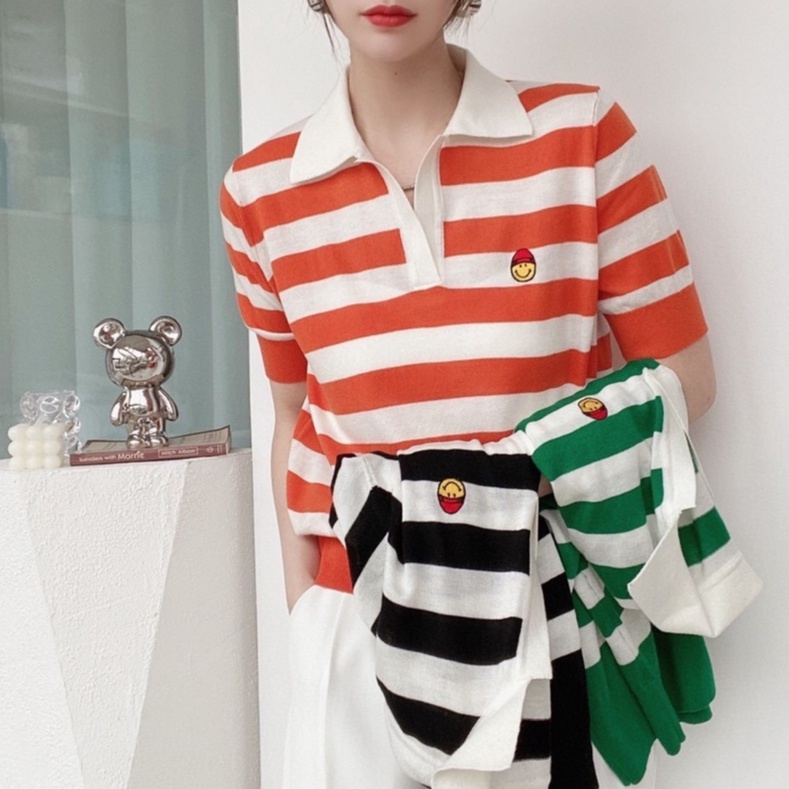 Áo thun ZHELIHANGFEI dệt kim ngắn tay họa tiết kẻ sọc trẻ trung