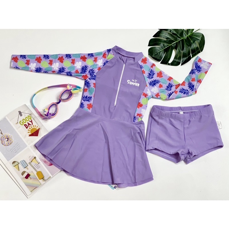 Đồ bơi bé gái tay dài màu hồng, tím BIGSIZE  liền thân