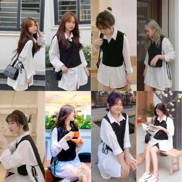 Her Set - Áo sơ mi trắng mix gille xinh chuẩn style hàn xẻng ulzzang - chất vải kate dày dặn from suông rộng