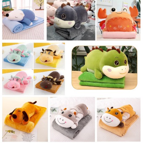 Bộ chăn gối văn phòng Cua xinh, Trâu xinh, Khủng long đáng yêu. Gấu bông đẹp cho bé