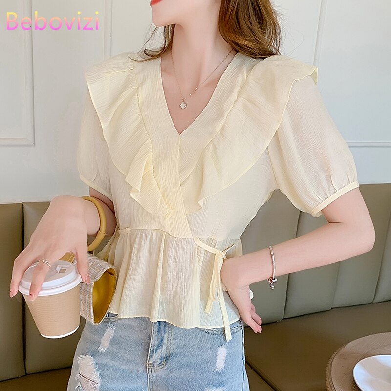 S-XXL 2021 New White Yellow Chiffon Ruffles Korean Fashion Summer Casual Short Sleeve Blouse Tops for Women Office Lady Clothes