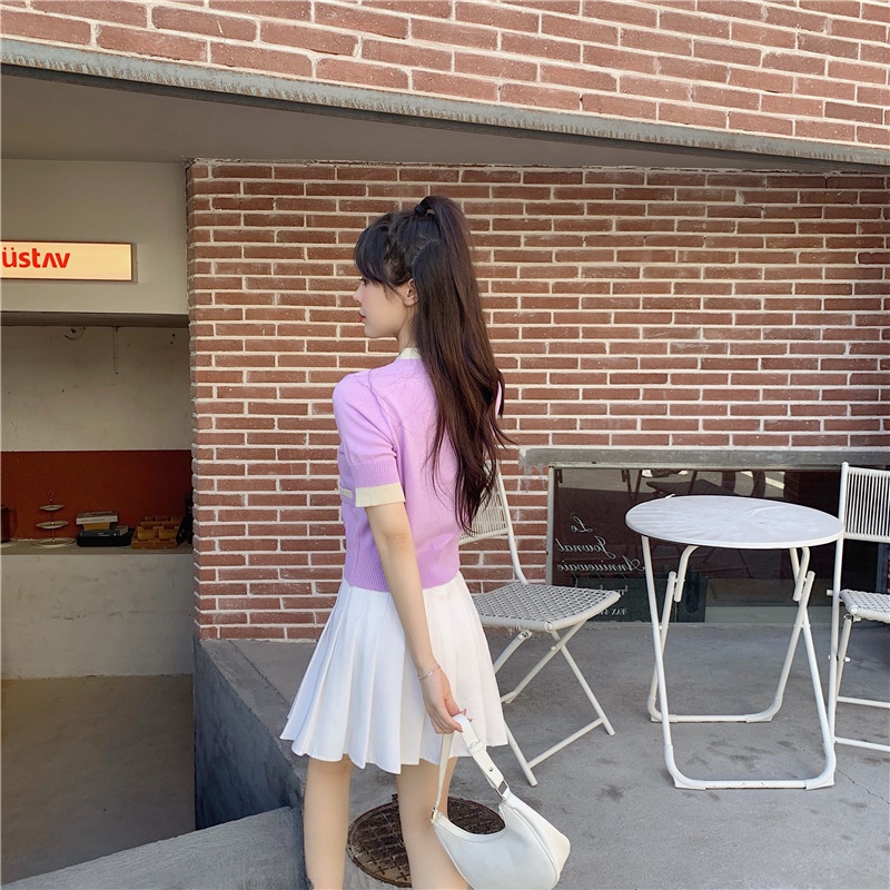 Áo Cardigan Dệt Kim Tay Ngắn Dáng Ôm Phong Cách Hàn Quốc Thời Trang Cho Nữ