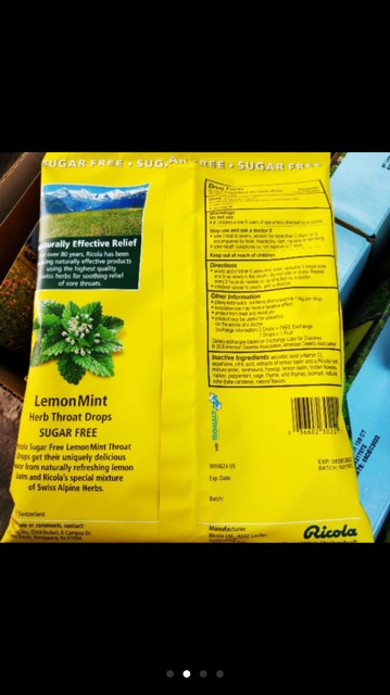 Kẹo ngậm ho không đường Ricola Lemon Mint Sugar Free (Date 12/2022)